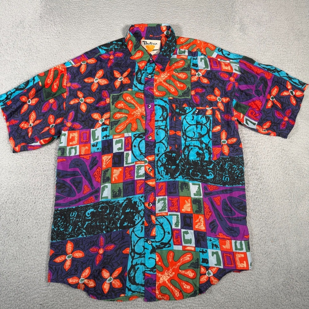 Vtg Protest Shirt Mens Large Multicolor Abstract Art 100% Silk Button Up Floral